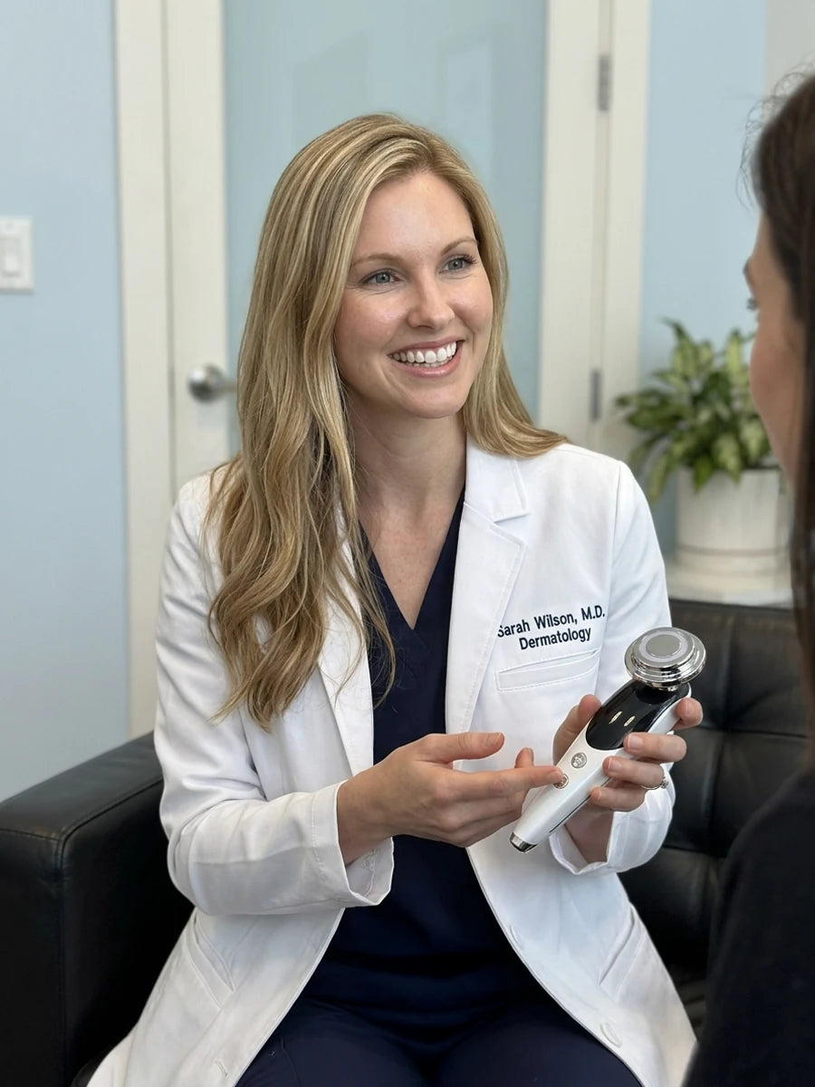 Dermatologist presenting the Revimus LUMA Sculpting Wand during a consultation