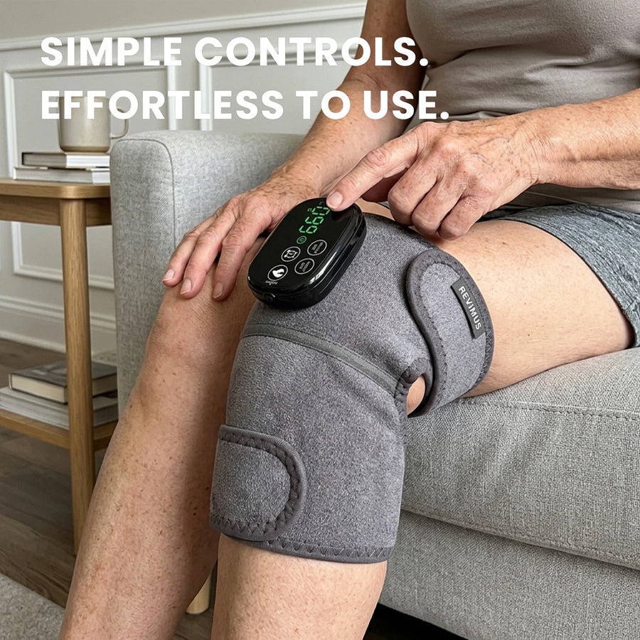 Senior using Revimus Motion red light heated knee massager at home for knee pain and stiffness relief