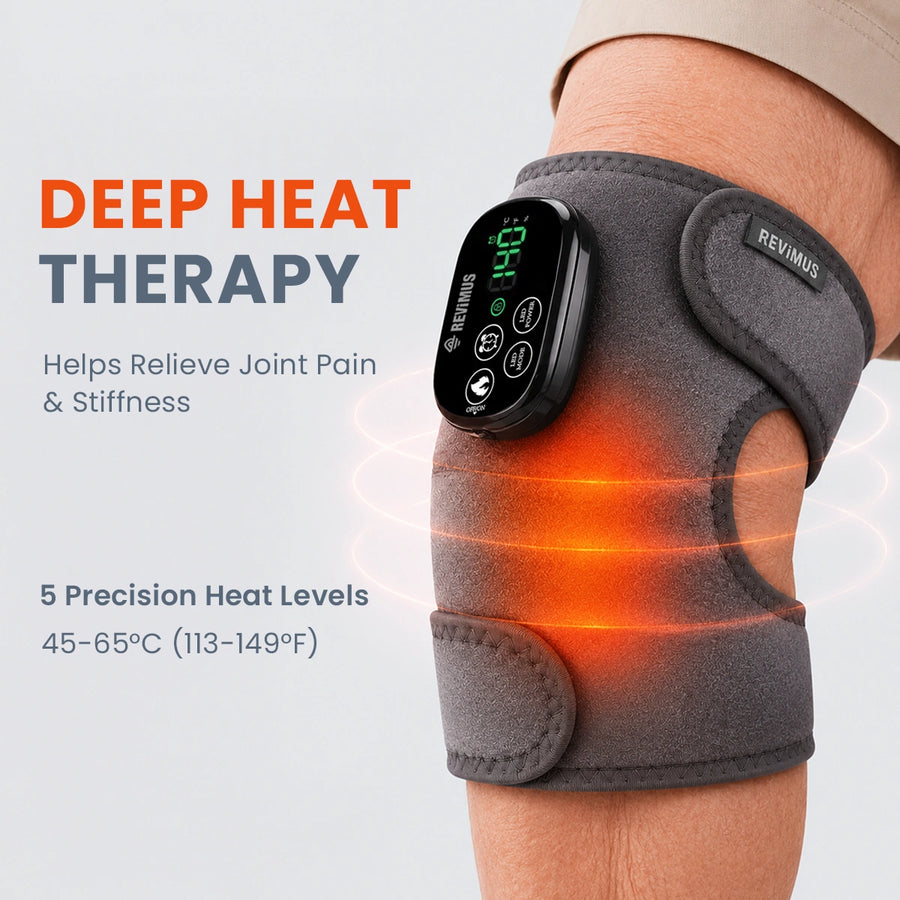 Revimus Motion heated knee massager with five adjustable heat levels from 45 to 65°C