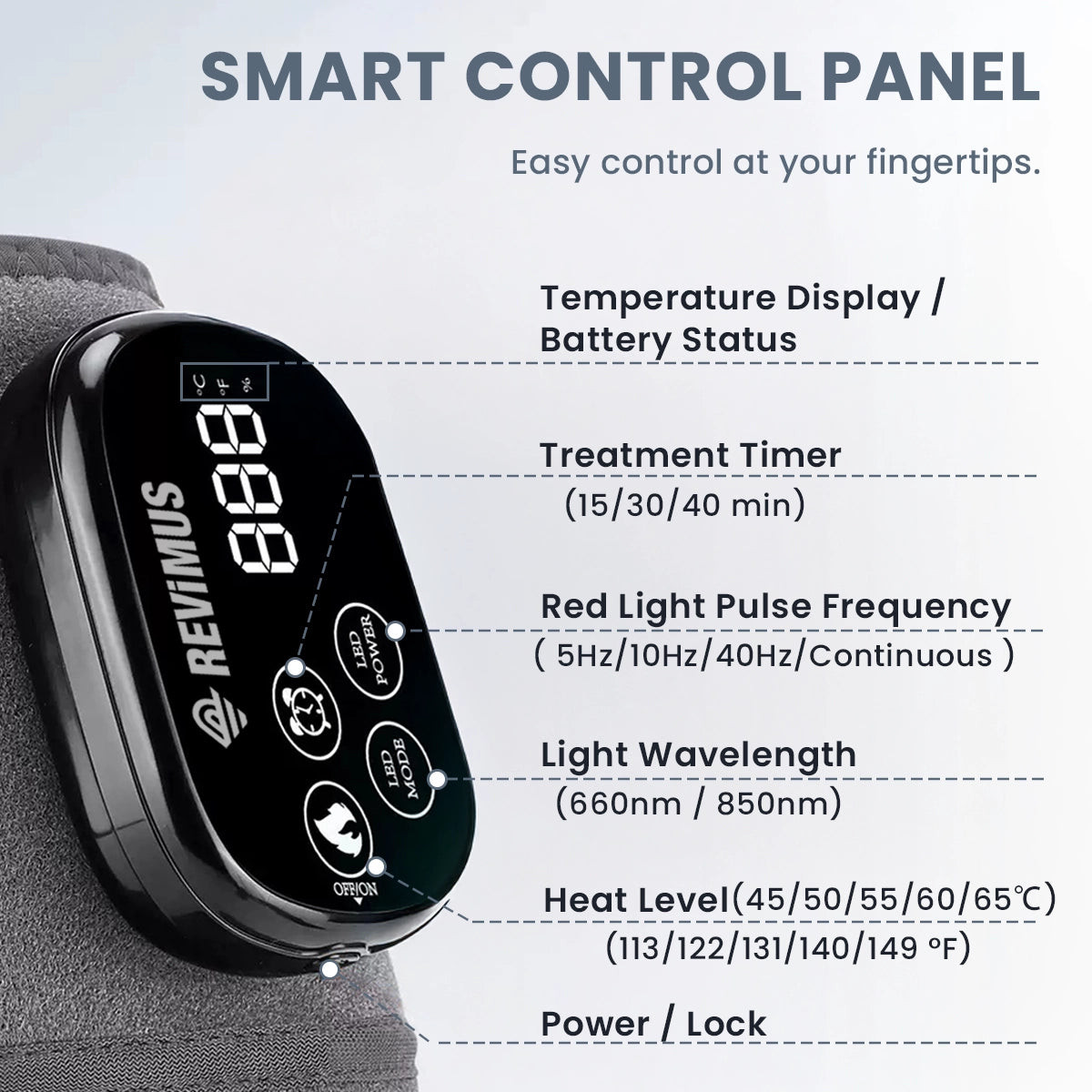 Revimus Motion knee massager control panel with heat, timer, pulse frequency and dual-wavelength light settings