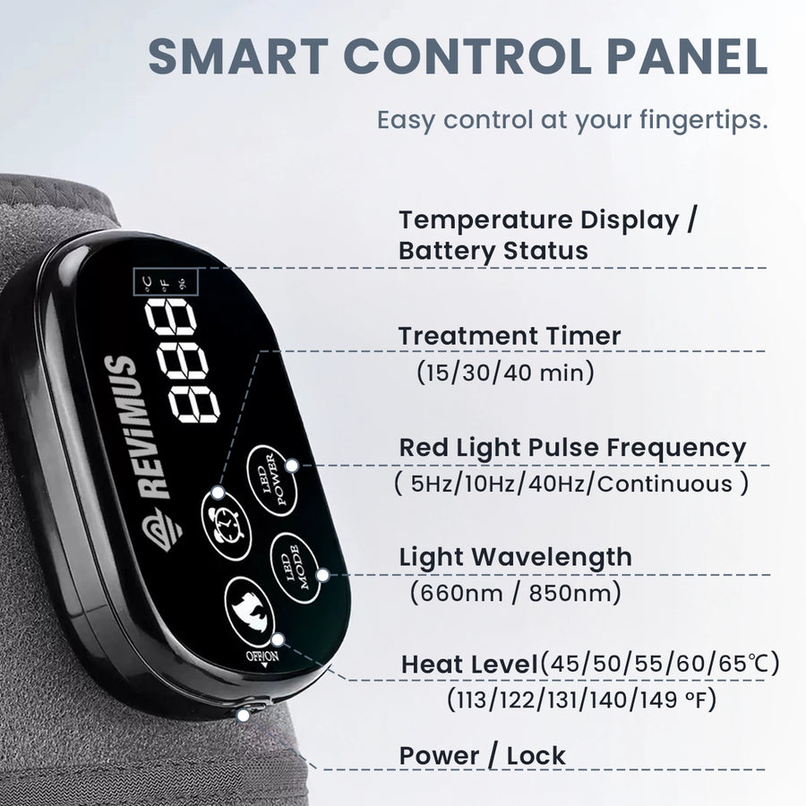 Revimus Motion knee massager control panel with heat, timer, pulse frequency and dual-wavelength light settings