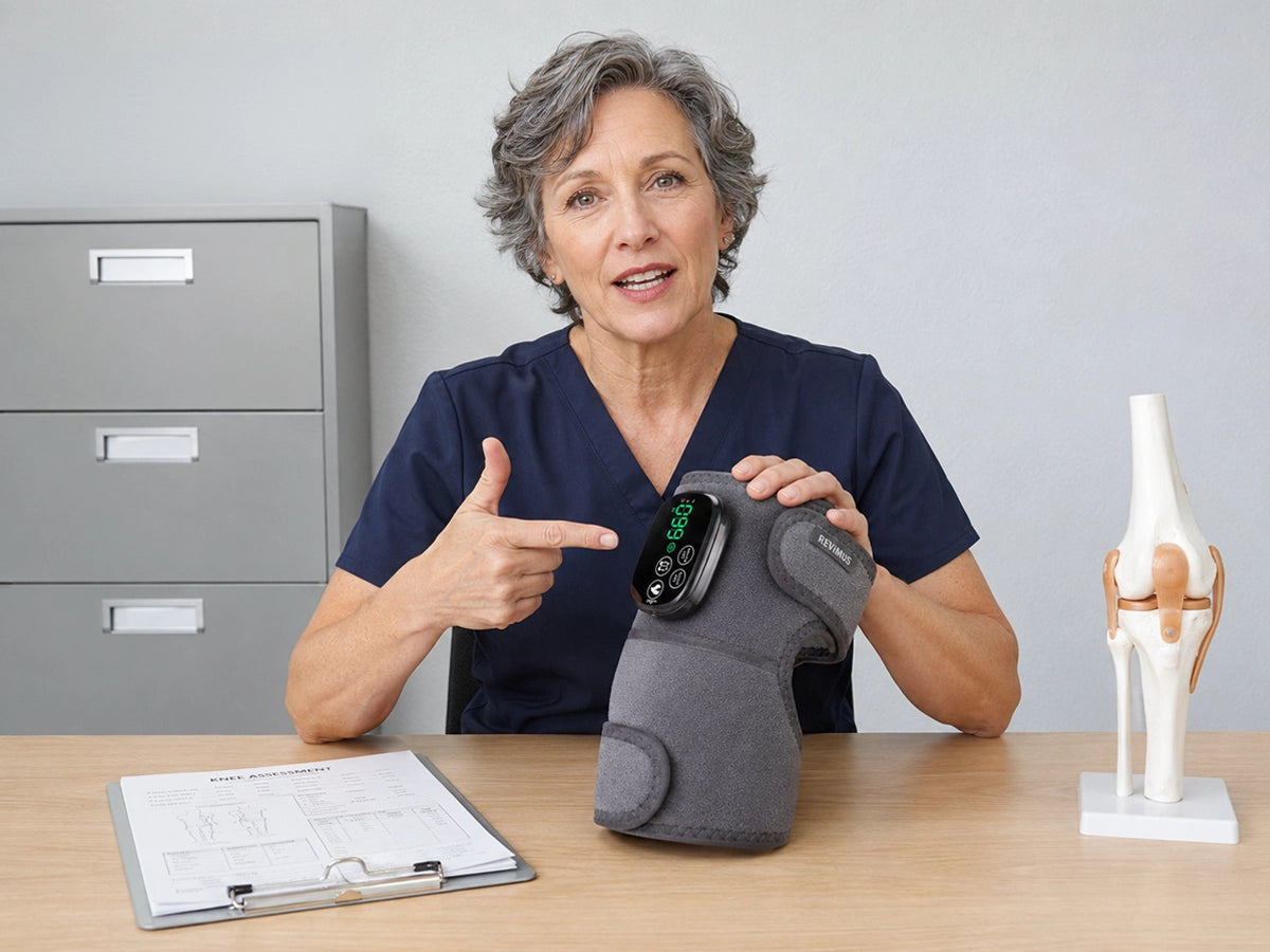 Physical therapist recommending the Revimus Motion red light heated knee massager for knee recovery