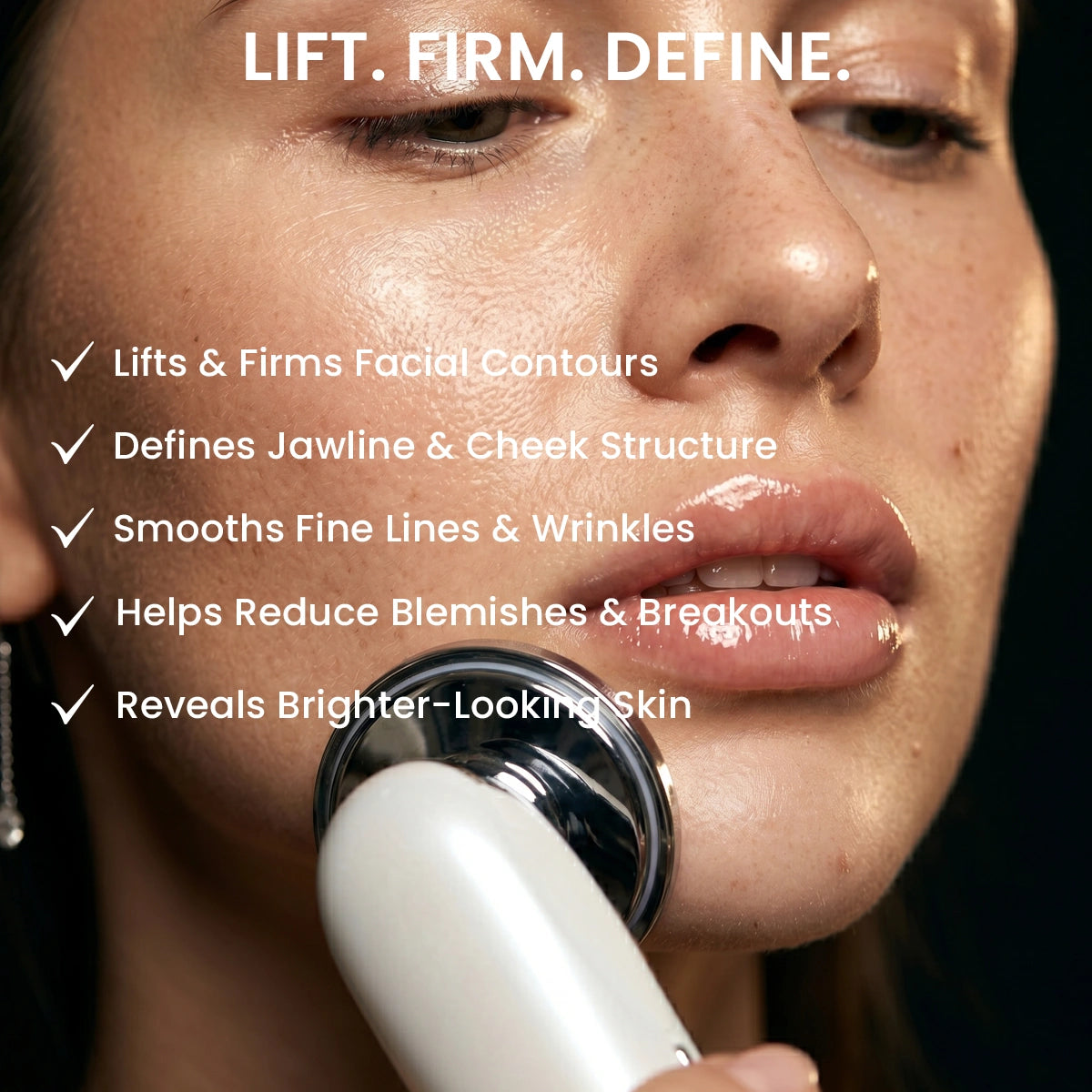 Woman using REVIMUS ORBIT facial contour device to lift facial contours, define jawline and improve skin appearance