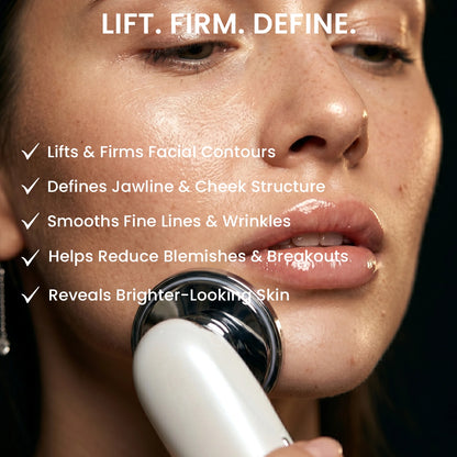 Woman using REVIMUS ORBIT facial contour device to lift facial contours, define jawline and improve skin appearance