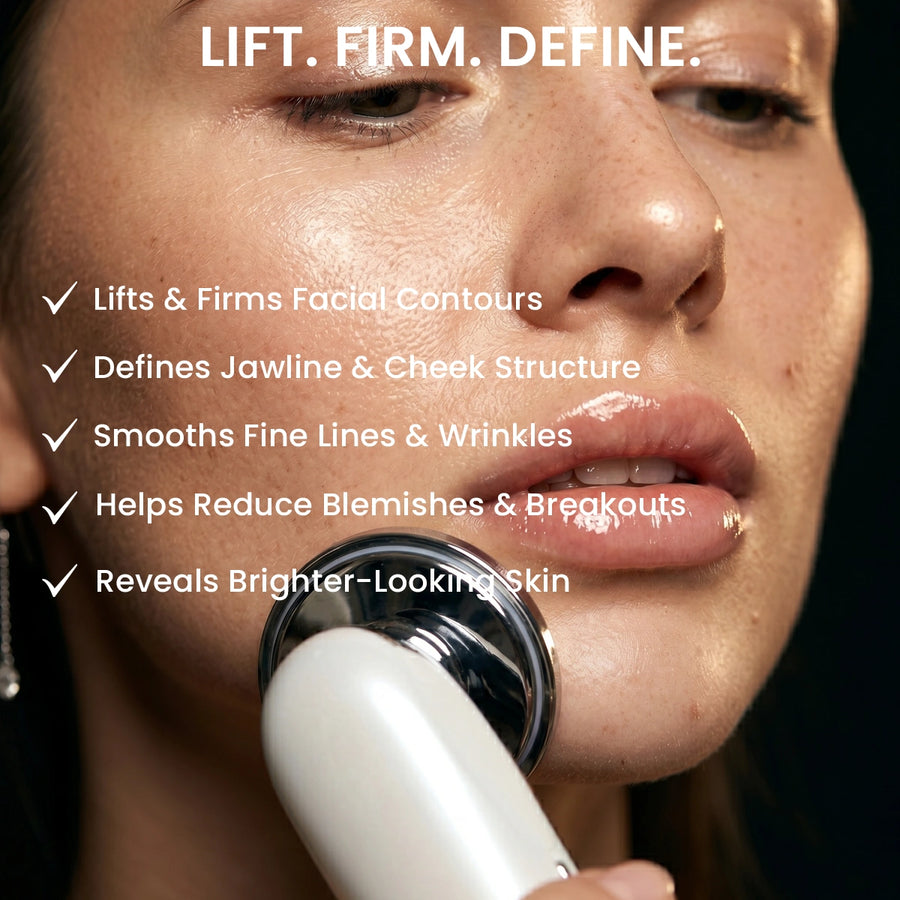 Woman using REVIMUS ORBIT facial contour device to lift facial contours, define jawline and improve skin appearance