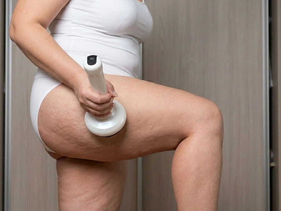 Woman using Revimus anti-cellulite massager on visible cellulite